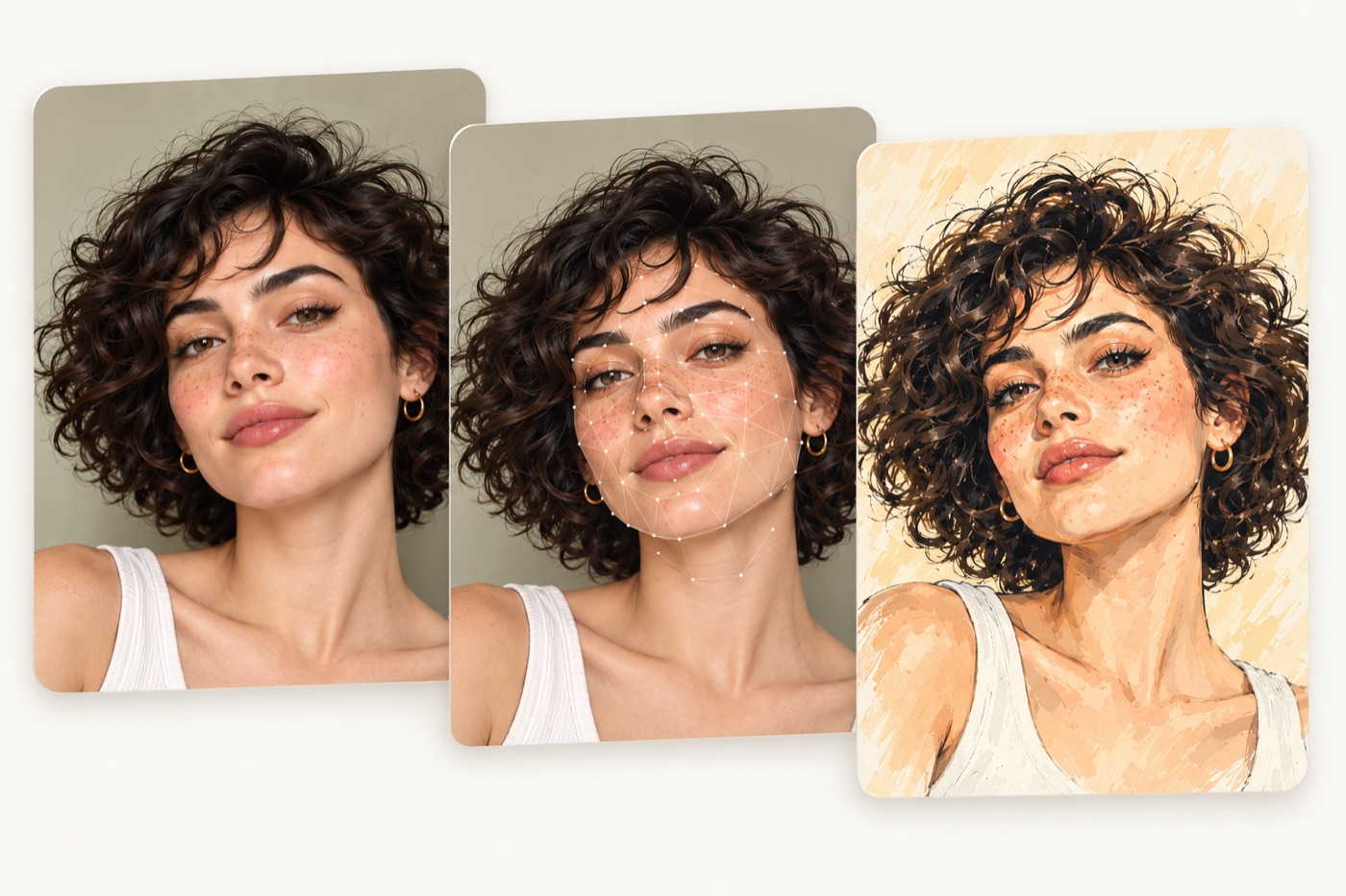The sample selfie with a face landmark mesh