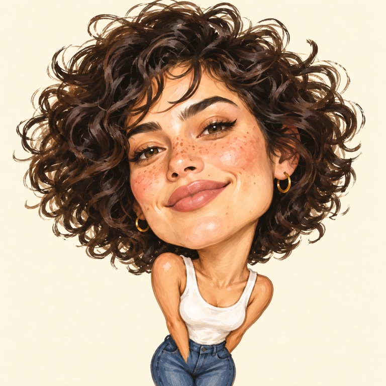Big-head caricature of the fictional sample woman